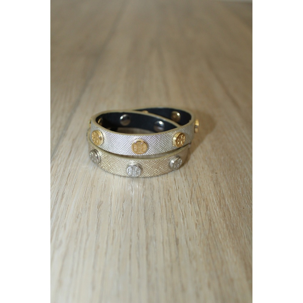 Tory Burch Metallic Leather Double Wrap Bracelet Mixed Metal Logo Studs USA‎